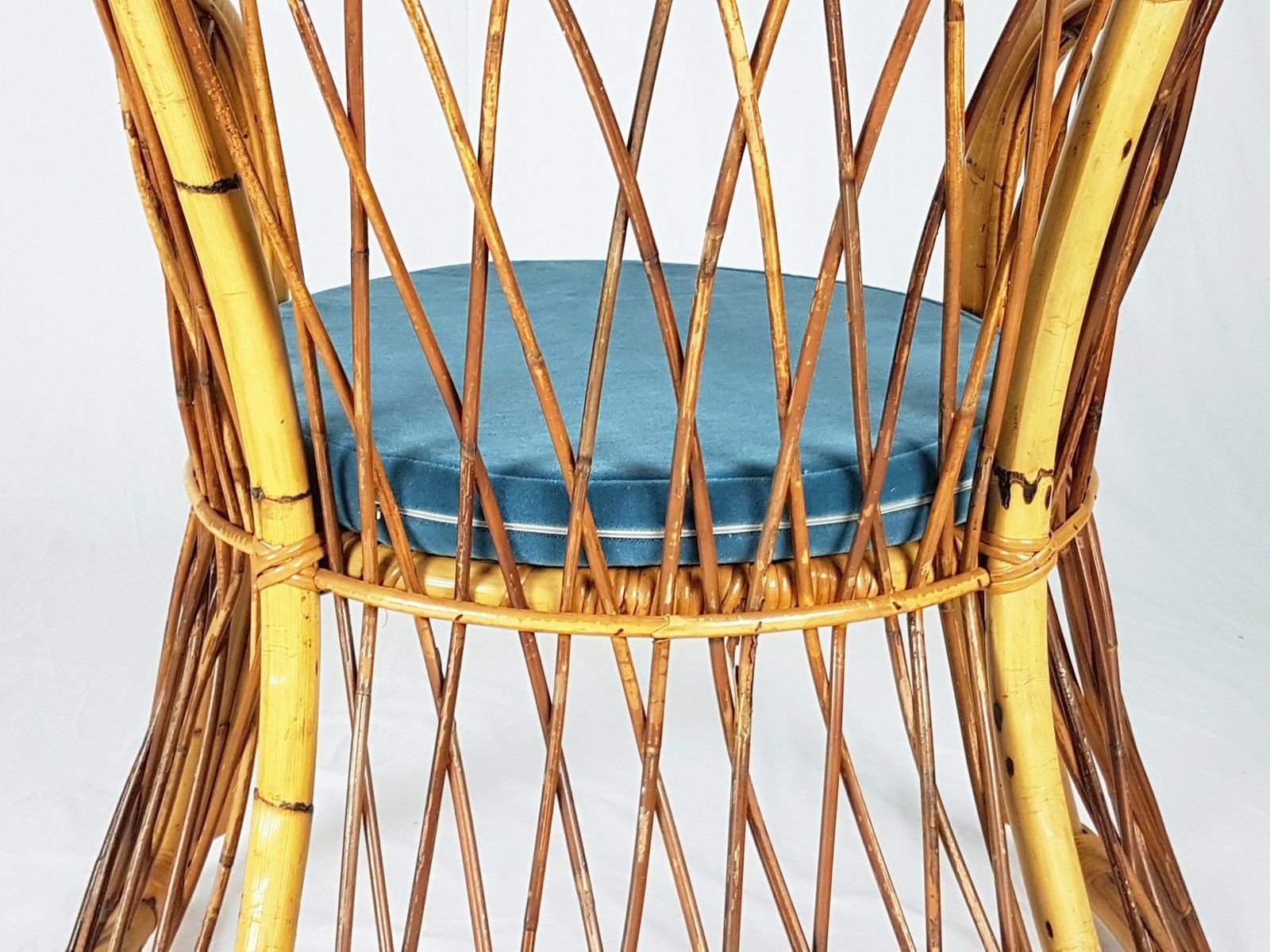 Furniture Rush, Rattan & Blue Velvet Armchair, 1960s photo