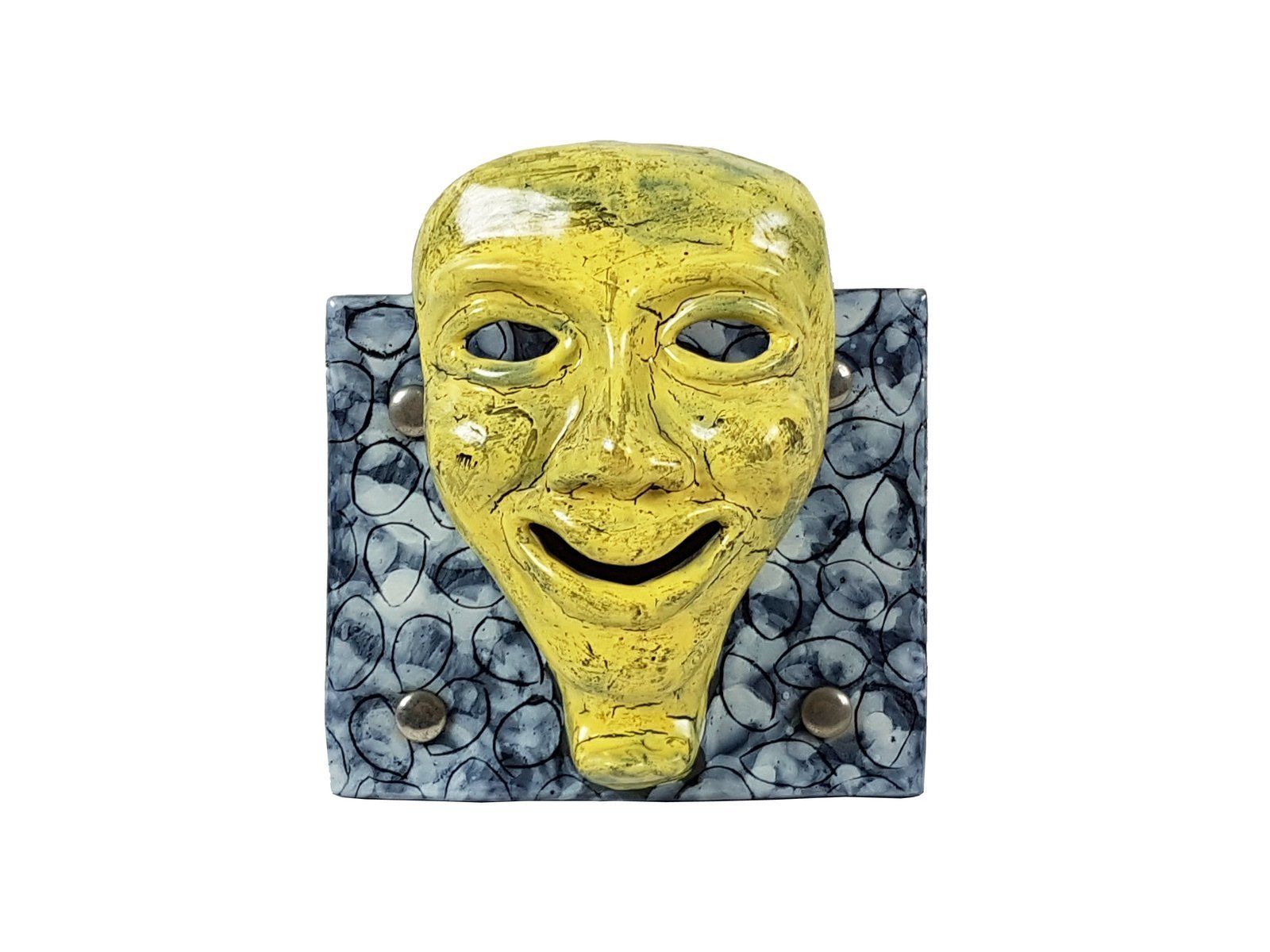Mid Century Blue And Yellow Ceramic Mask Wall Racks, Set Of 2 photo for sale