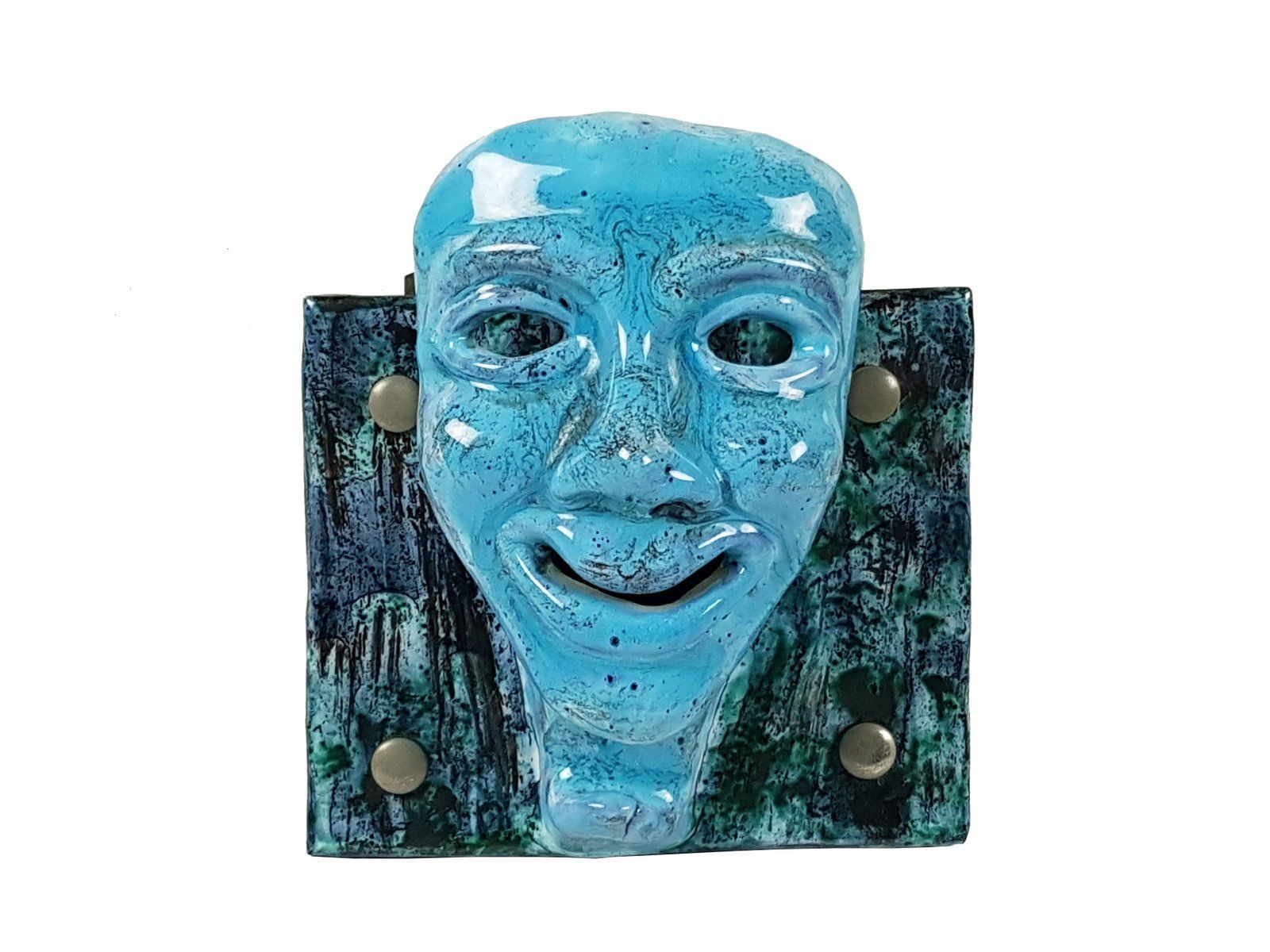 Mid Century Blue And Yellow Ceramic Mask Wall Racks, Set Of 2 photo vinterior