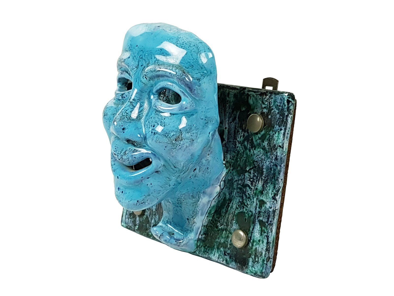 Mid Century Blue And Yellow Ceramic Mask Wall Racks, Set Of 2 photo buy