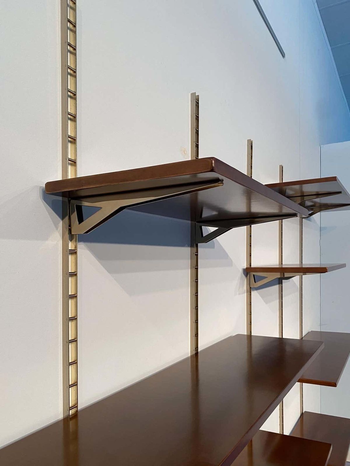 Italian Mid Century Suspended Wall Unit Boockase In Walnut And Gilded Metal 1960 photo vinterior