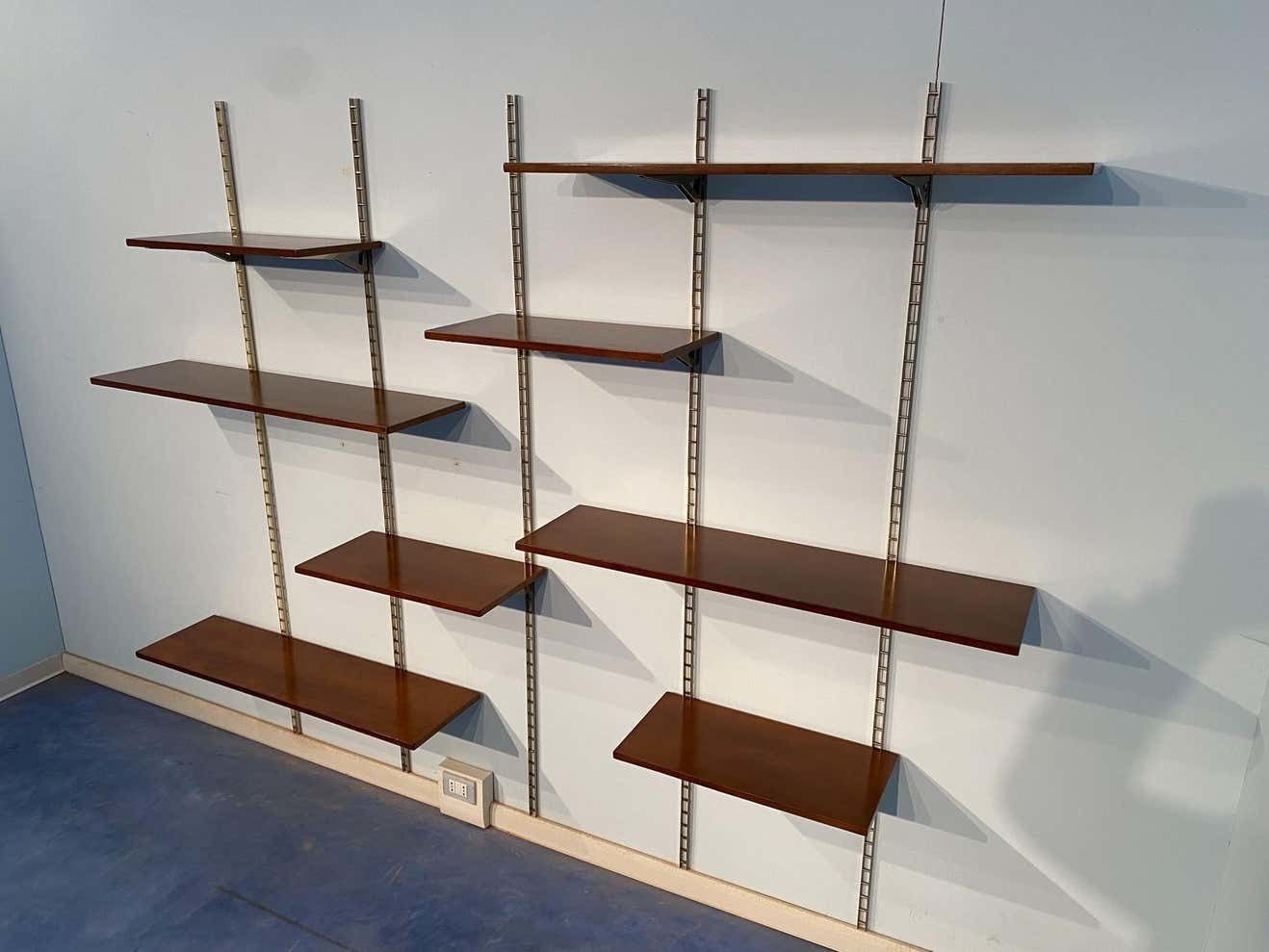 Italian Mid Century Suspended Wall Unit Boockase In Walnut And Gilded Metal 1960 photo vintage