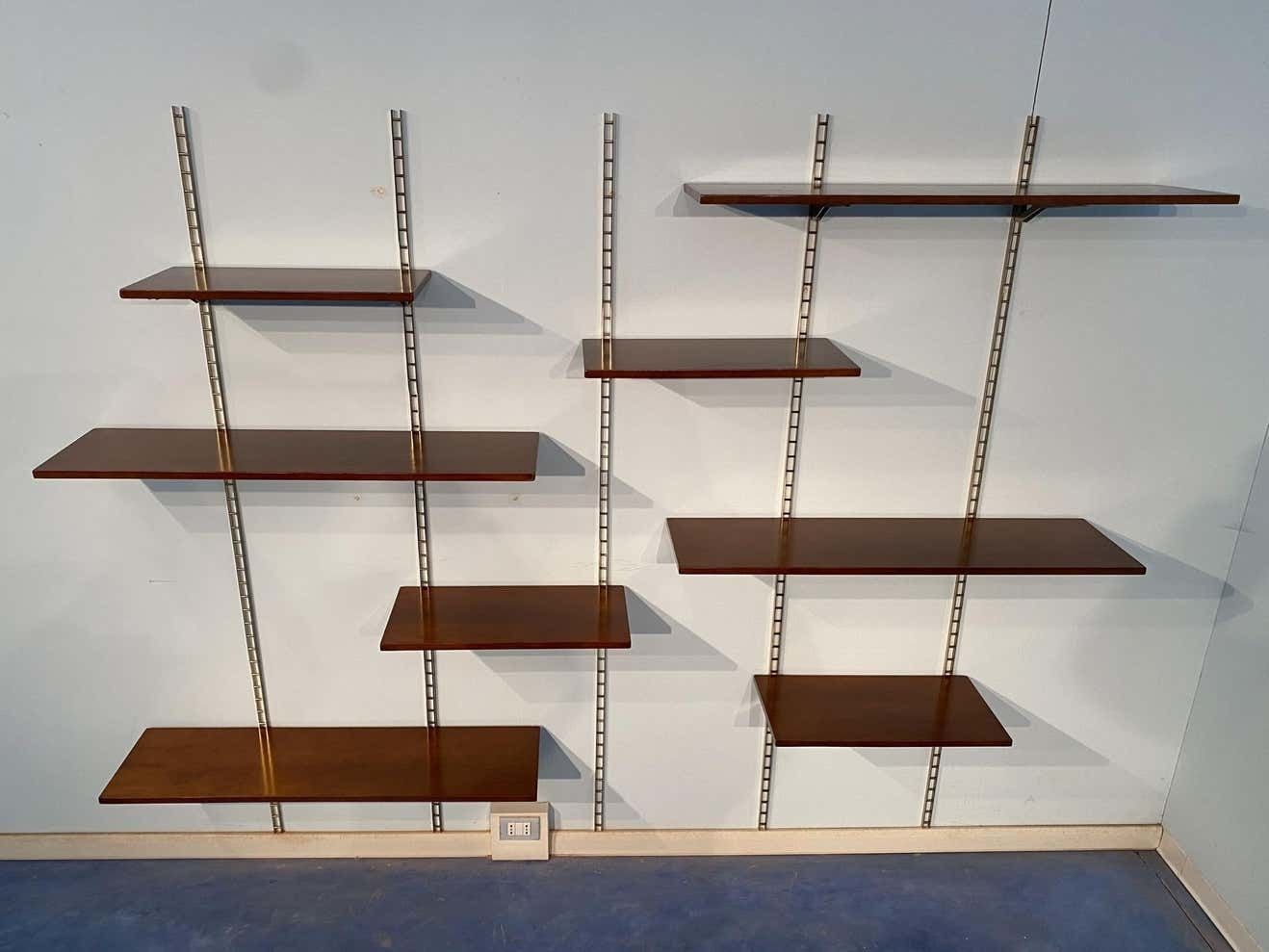 photo vinterior Italian Mid Century Suspended Wall Unit Boockase In Walnut And Gilded Metal 1960
