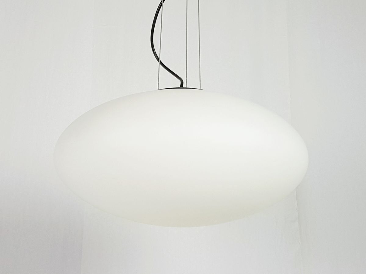 Mid Century Italian Opaline Glass, Brass, And Black Metal Pendant photo 1100.0