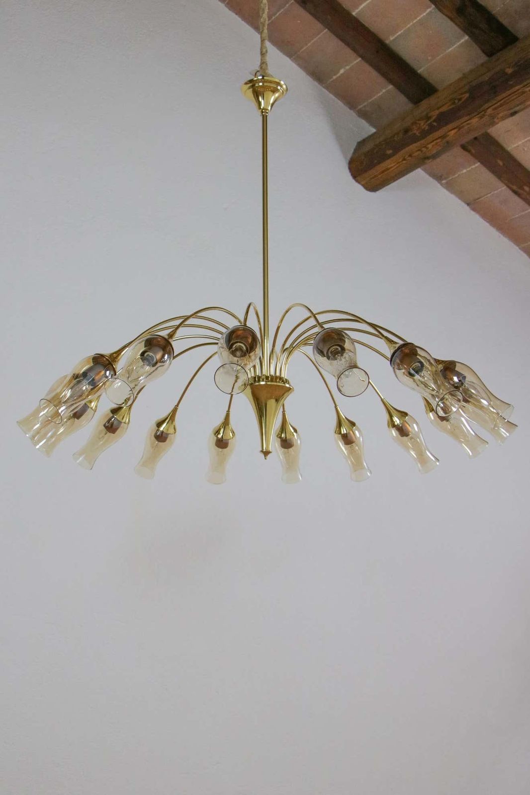 Italian Mid Century Modern Big Spider Murano Glass Chandelier, Gold Color, 1950s photo for sale