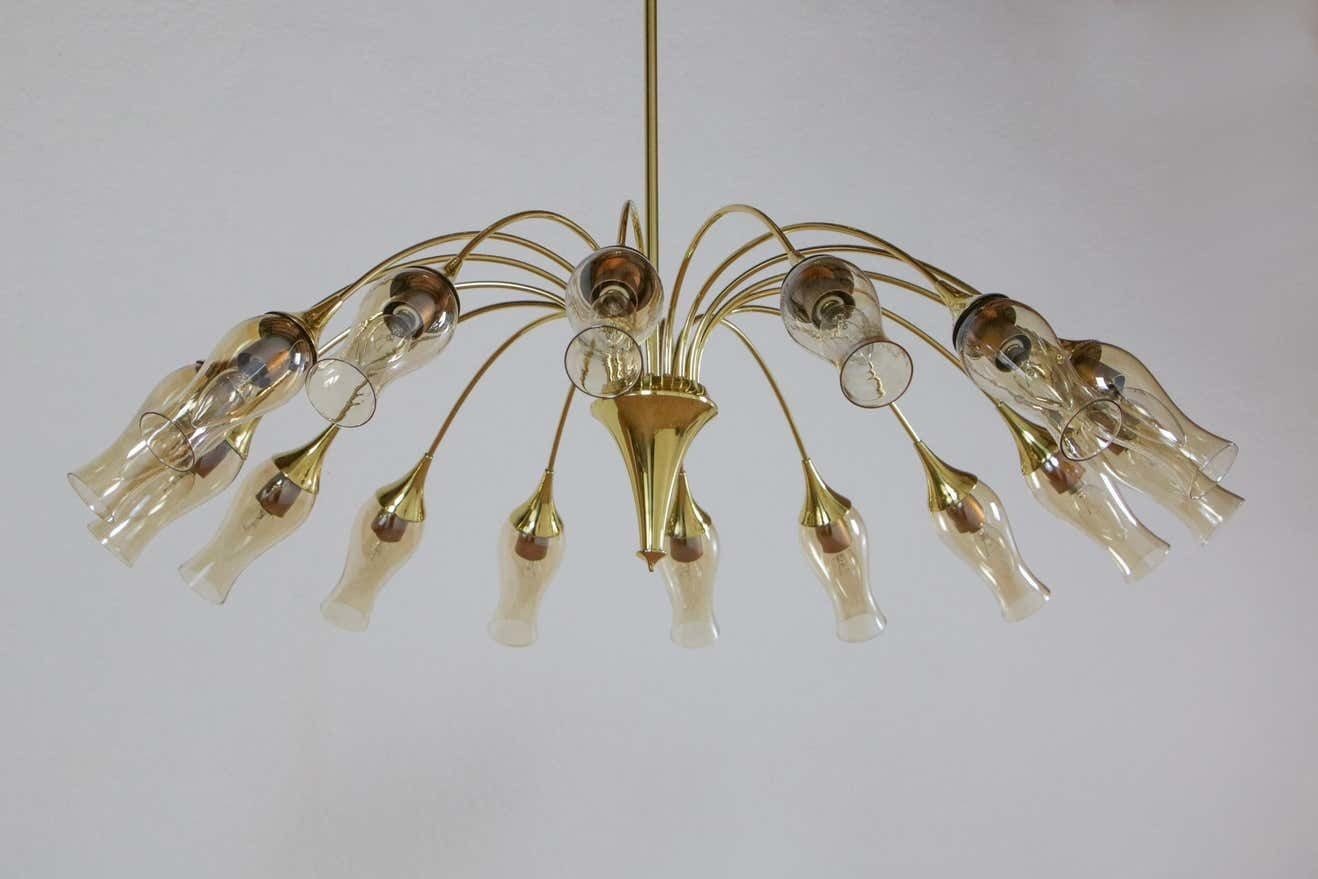 Italian Mid Century Modern Big Spider Murano Glass Chandelier, Gold Color, 1950s photo Lighting