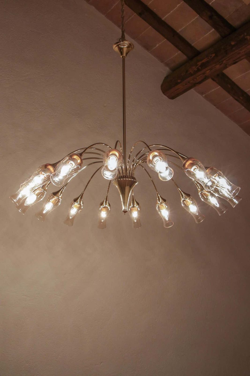 Lighting Italian Mid Century Modern Big Spider Murano Glass Chandelier, Gold Color, 1950s photo