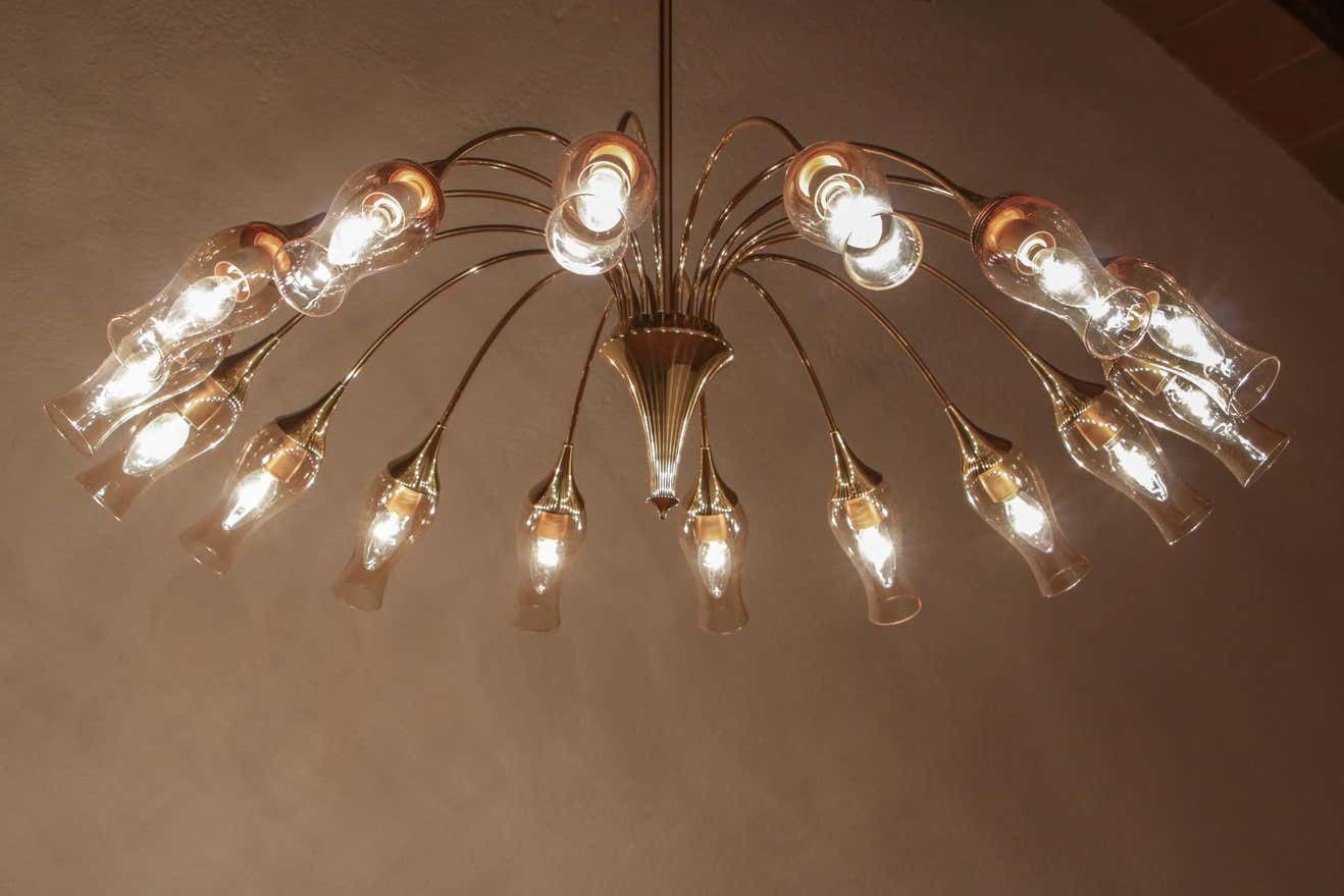 4676.0 Italian Mid Century Modern Big Spider Murano Glass Chandelier, Gold Color, 1950s photo