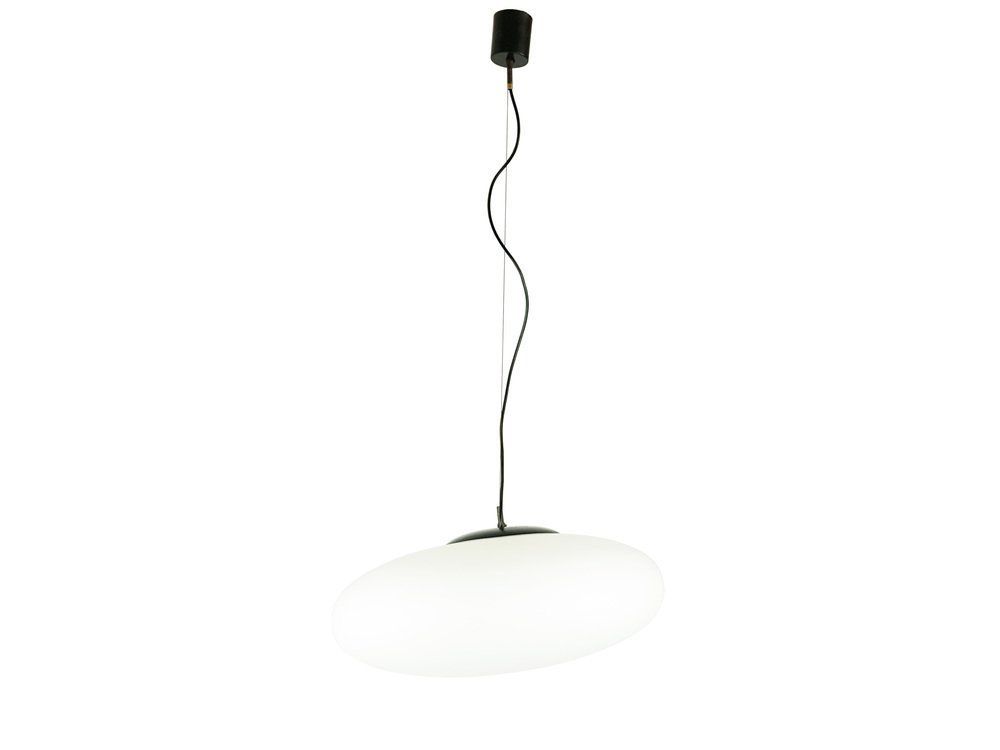 Italian White Opaline Glass, Brass And Black Metal Pendant Lamp Attributed To Stilnovo, 1960s photo for sale