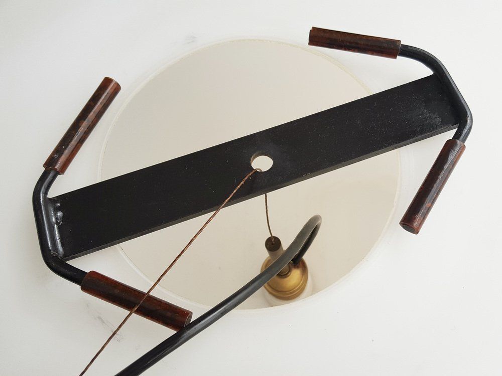 Italian White Opaline Glass, Brass And Black Metal Pendant Lamp Attributed To Stilnovo, 1960s photo vinterior