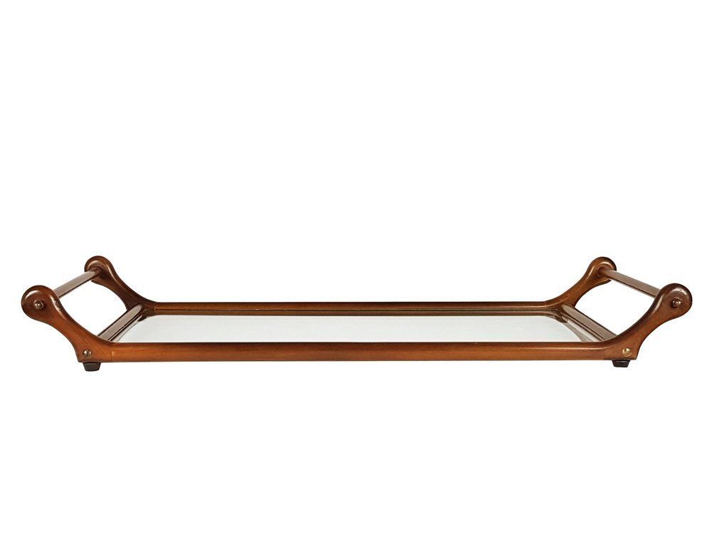 Italian Glass, Brass & Wood Serving Tray, 1960s photo for sale