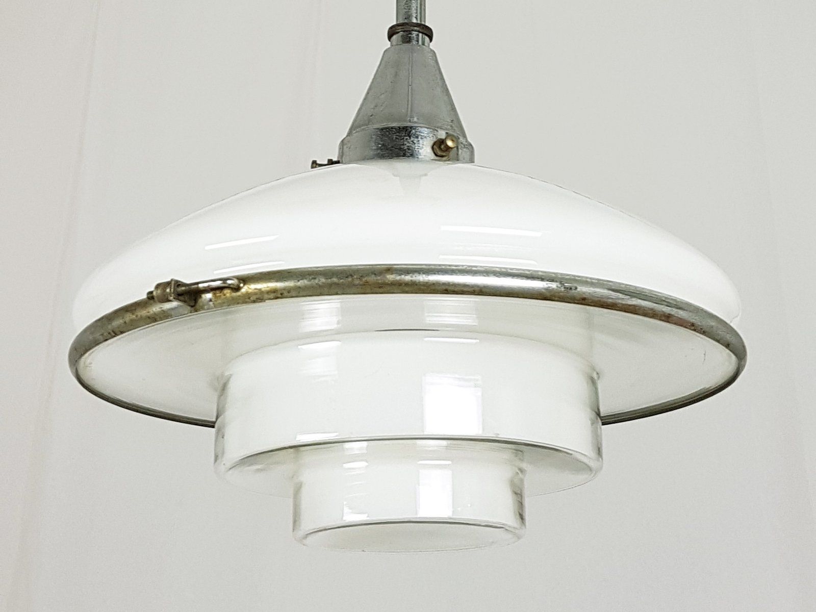 Small Chrome Plated & Opaline Glass Pendant Lamp By Otto Müller For Sistrah Licht Gmbh, 1920s photo furniture
