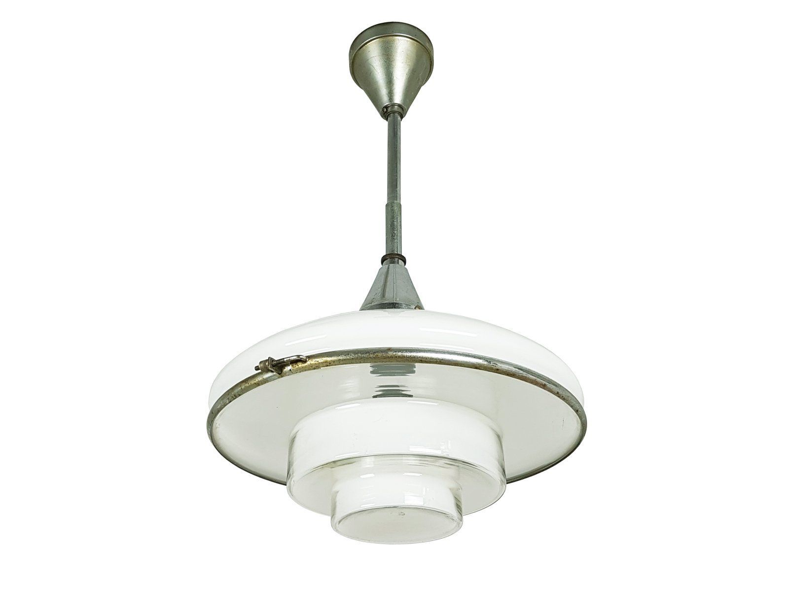 photo for sale Small Chrome Plated & Opaline Glass Pendant Lamp By Otto Müller For Sistrah Licht Gmbh, 1920s