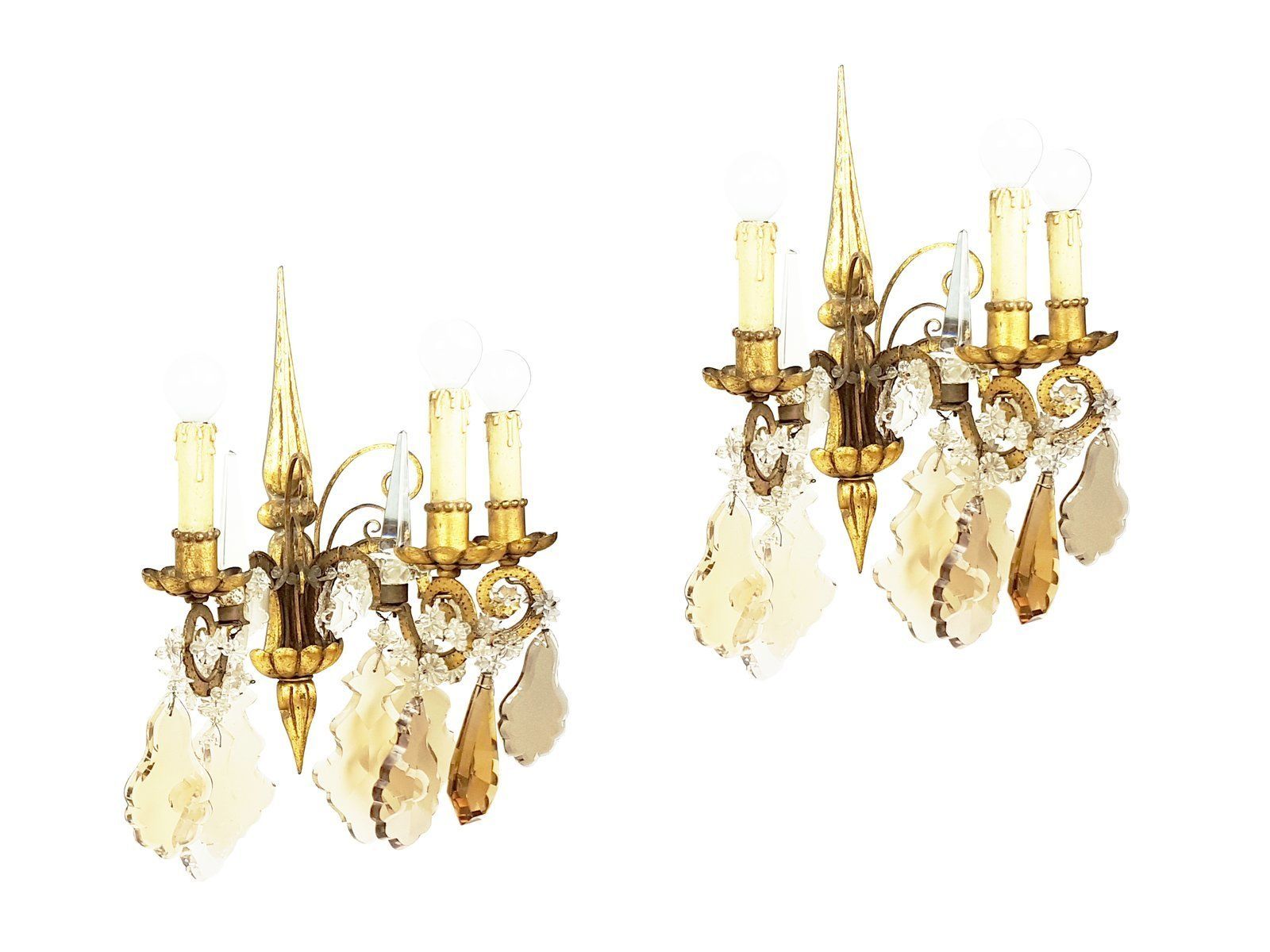 Italian Gold Leaf Metal And Faceted Crystal Sconces With Stars And Obelisks Decor