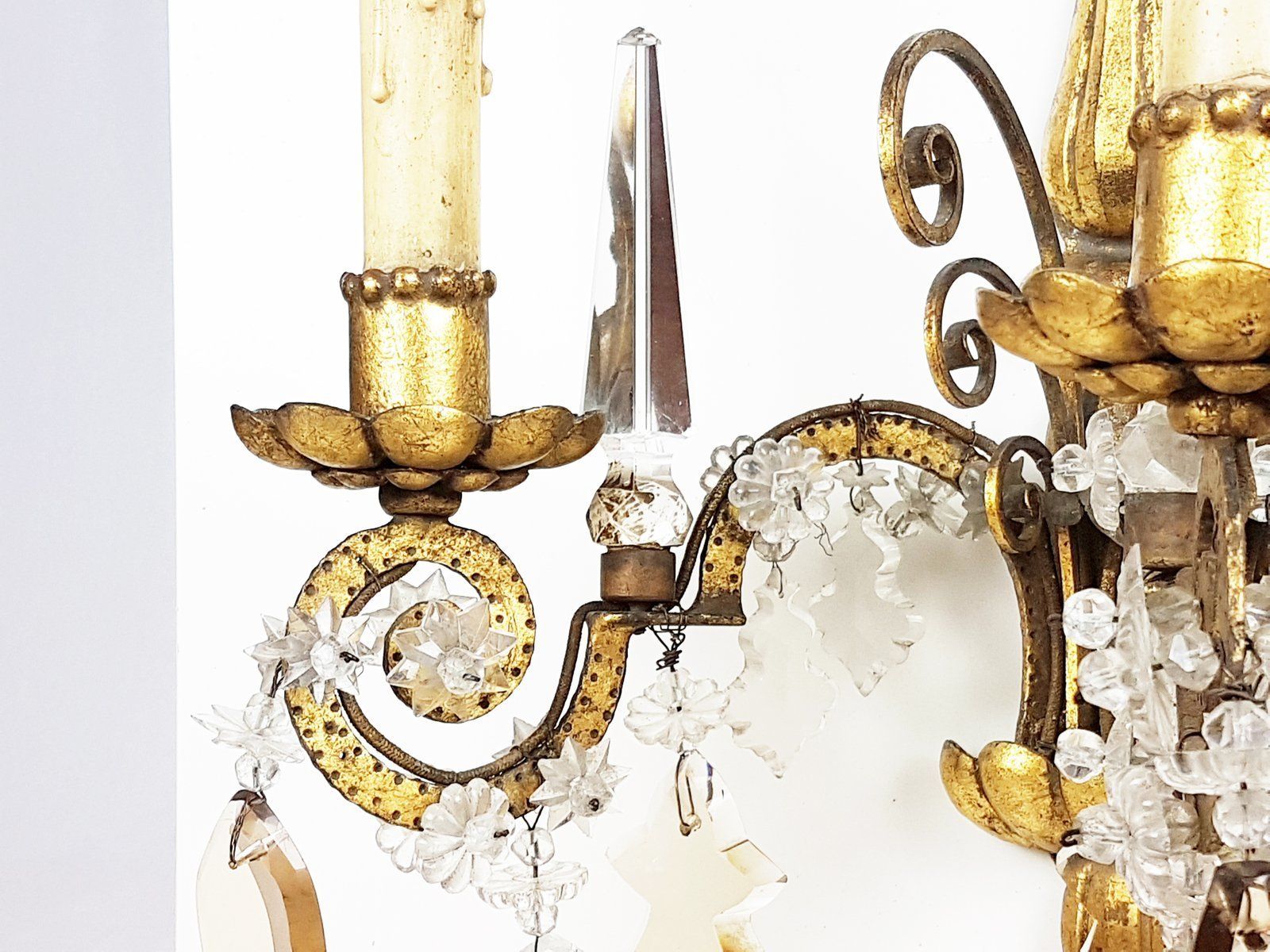 Italian Gold Leaf Metal And Faceted Crystal Sconces With Stars And Obelisks Decor photo 2722.0