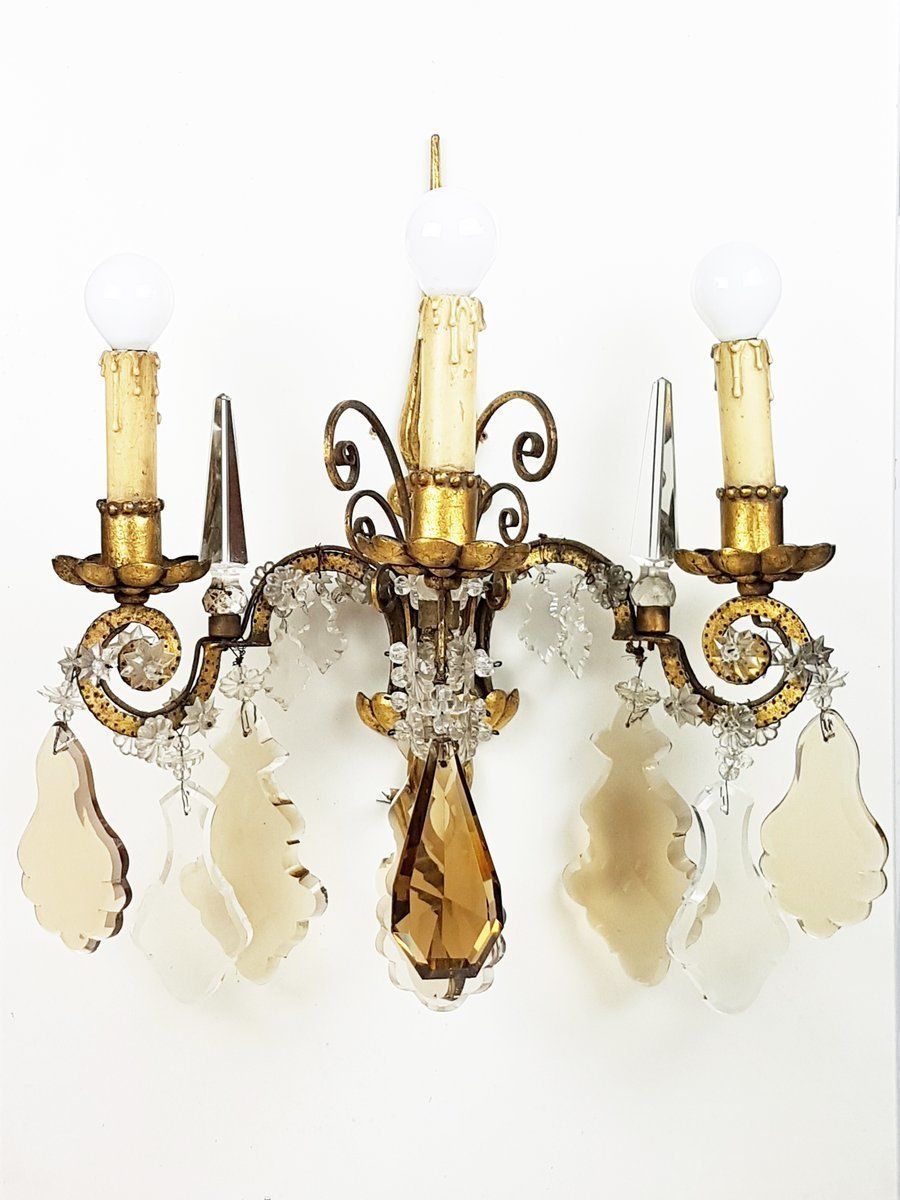 Italian Gold Leaf Metal And Faceted Crystal Sconces With Stars And Obelisks Decor photo buy