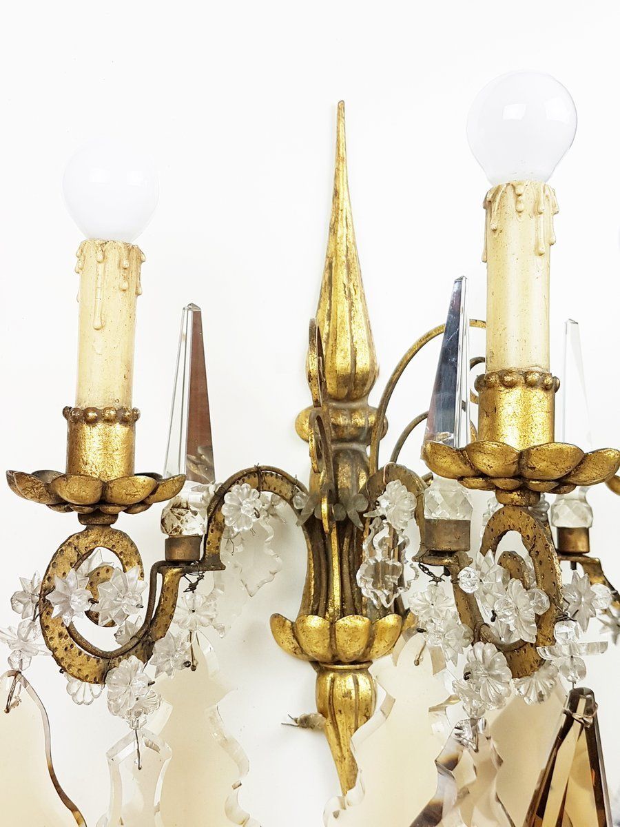 Lighting Italian Gold Leaf Metal And Faceted Crystal Sconces With Stars And Obelisks Decor photo