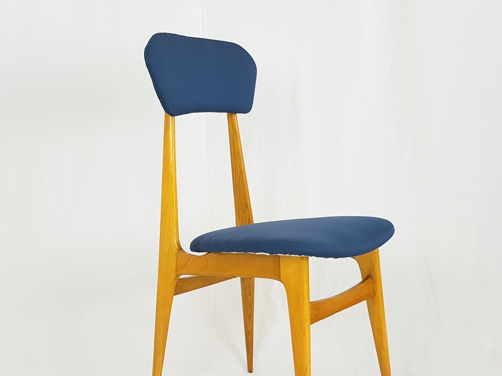 Mid Century Italian Wooden & Blue Fabric Chair photo furniture