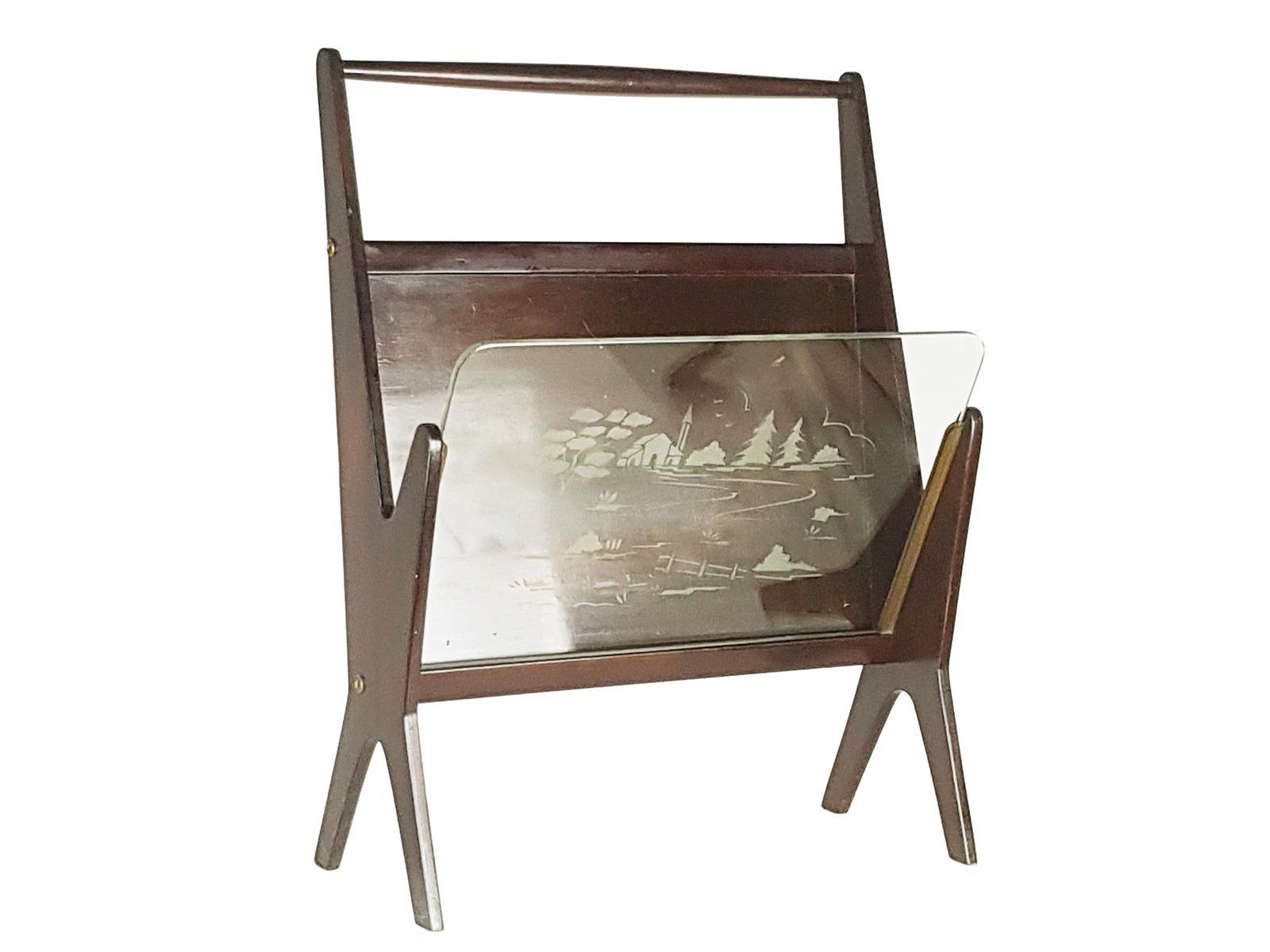 Italian Stained Plywood And Decorated Glass Magazine Rack 1950s