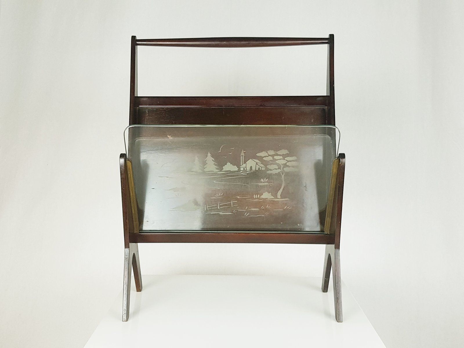 Italian Stained Plywood And Decorated Glass Magazine Rack 1950s photo furniture