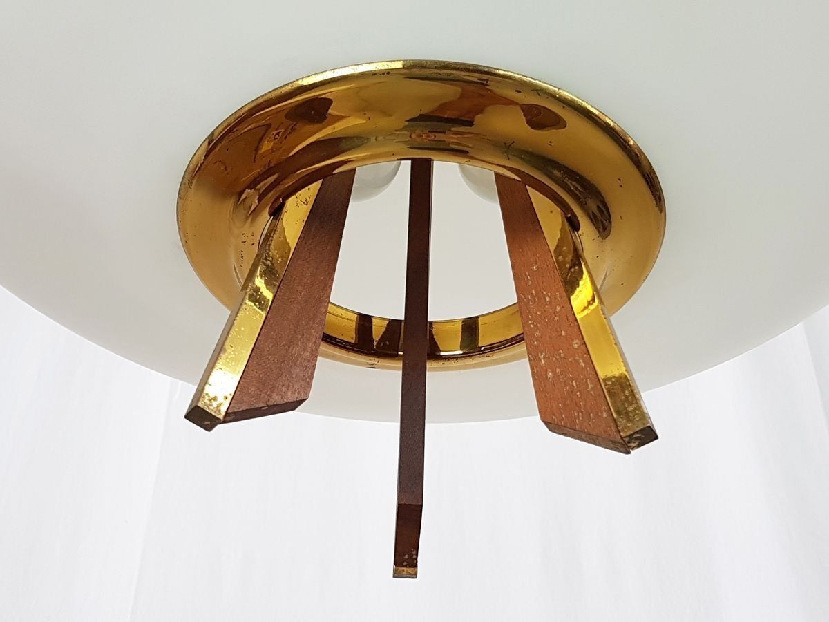 photo for sale Vintage Italian Teak Brass And Opaline Glass Pendant Lamp  1960s