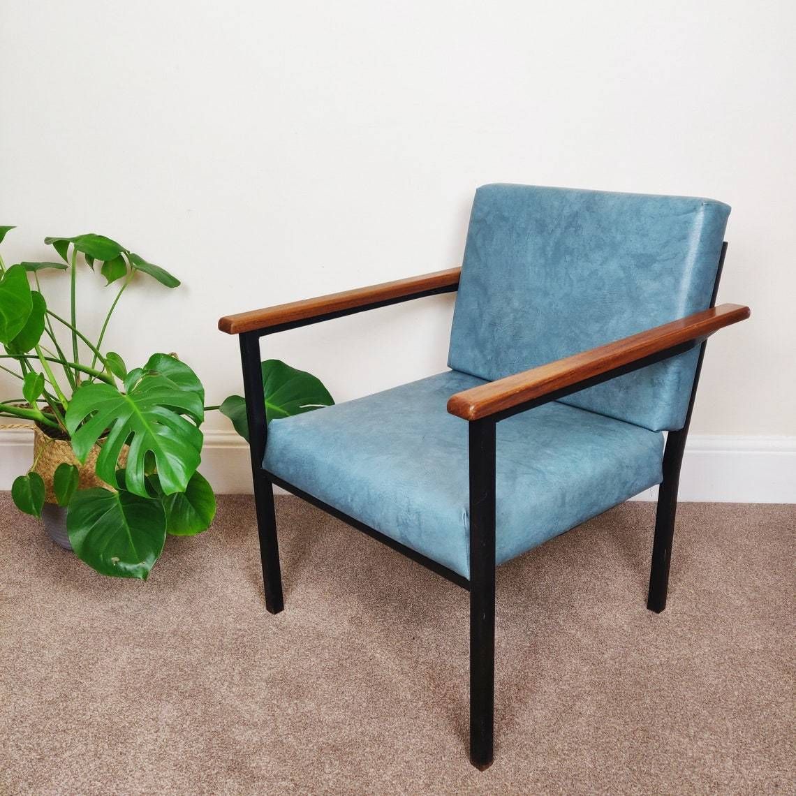 Vintage Lounge Chair, Mid Century Tubular Faux Leather Steel Industrial Danish Style Lounge Armchair