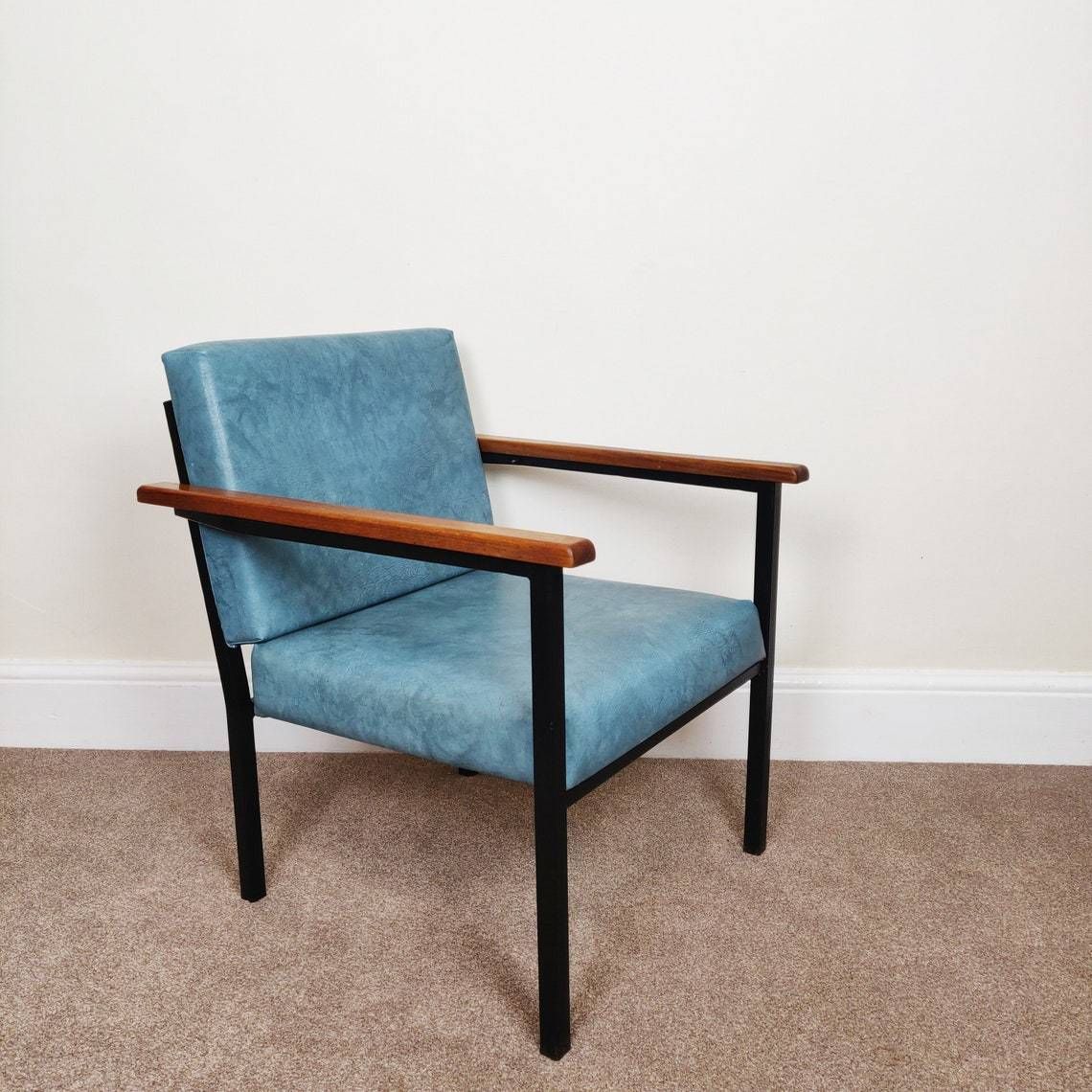 Vintage Lounge Chair, Mid Century Tubular Faux Leather Steel Industrial Danish Style Lounge Armchair photo for sale