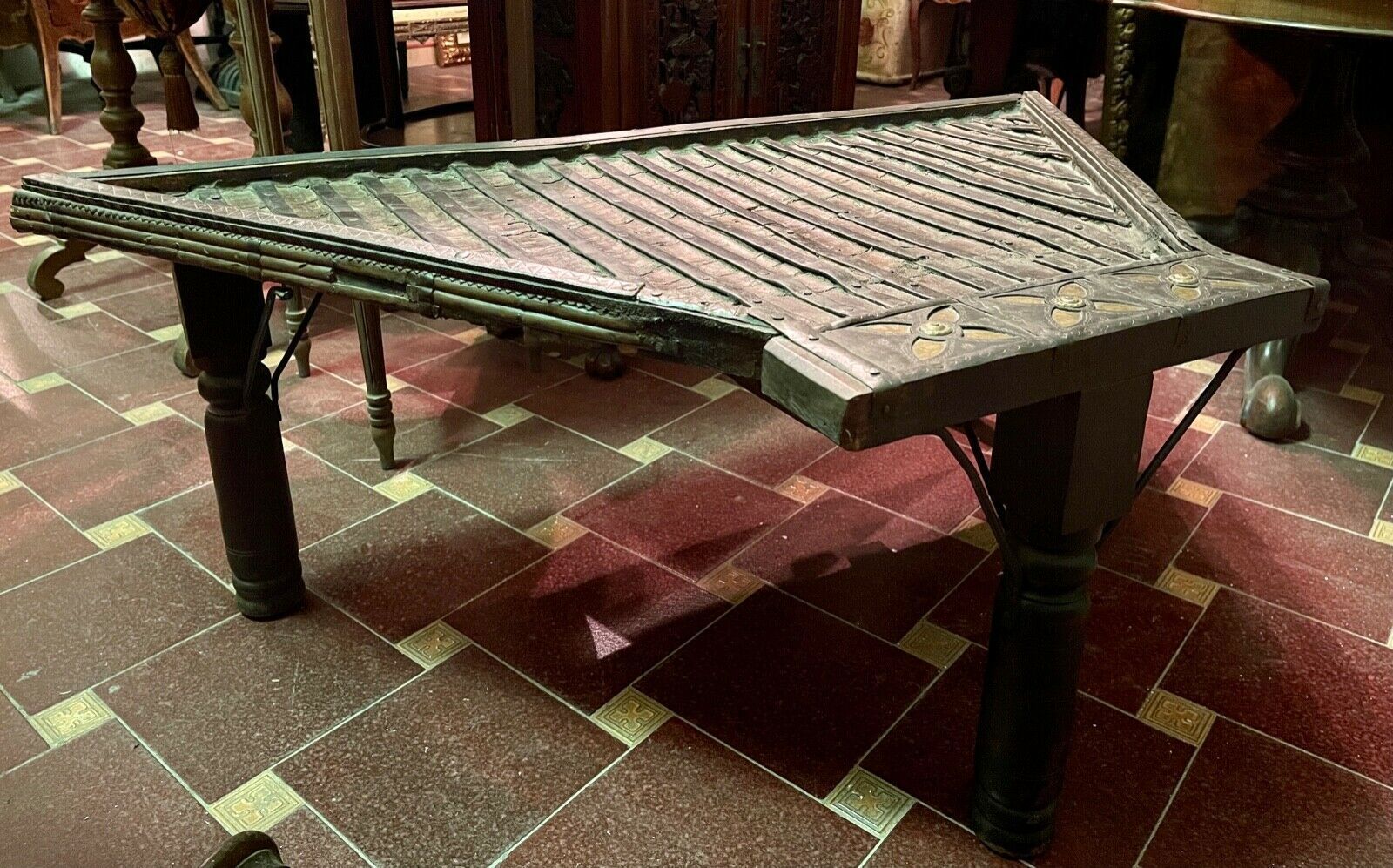 Indian Coffee Table, Wooden With Metal Inserts, Twentieth Century