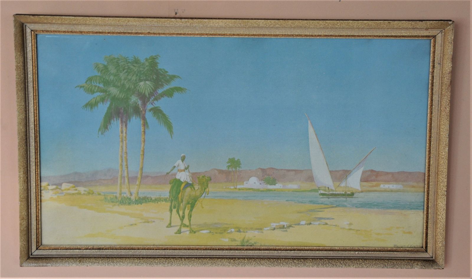 Antique Signed Picture Of Camel Rider In Egyptian Desert By Hassan El Yashmid In Orientalist Style