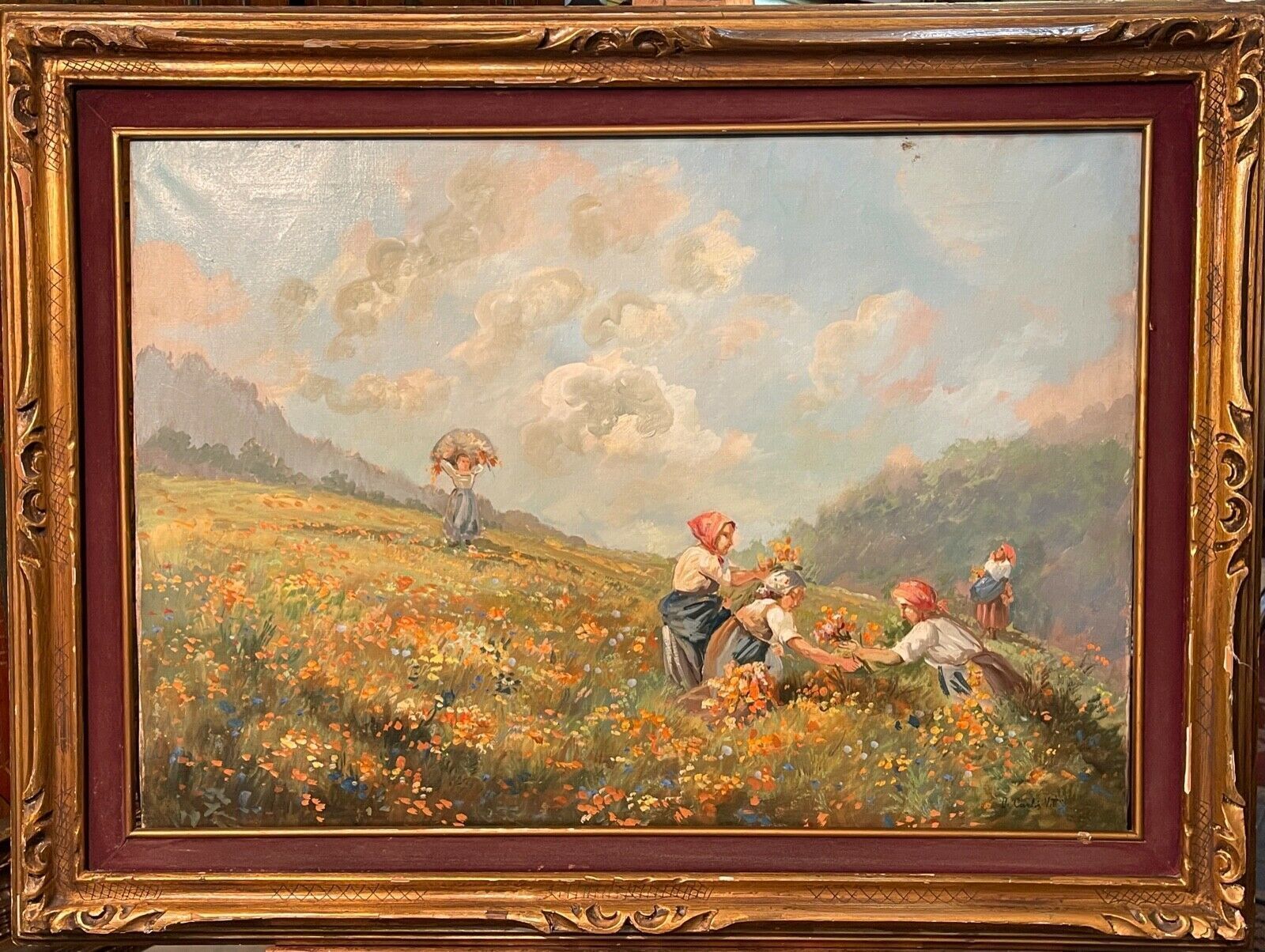 Painting Oil On Canvas Signed De Carlis Pastoral Scene Twentieth Century