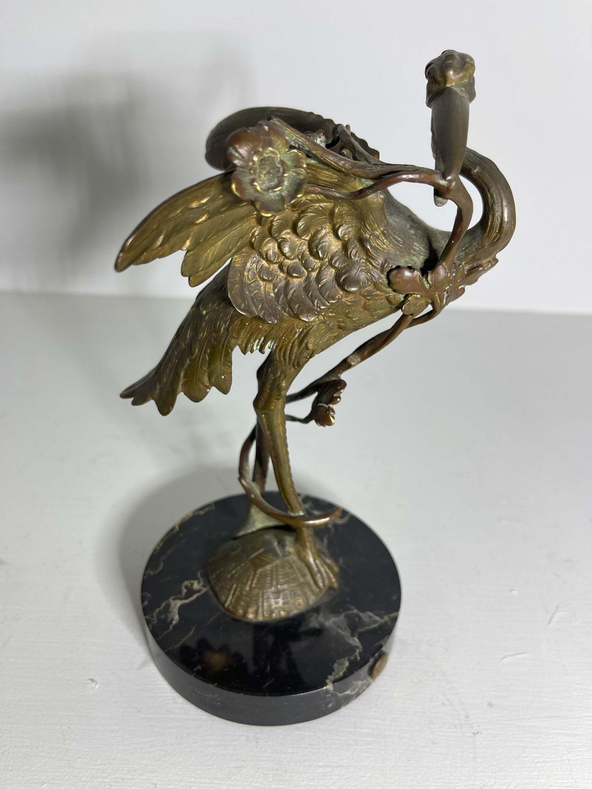 Exceptional Antique Gilt Bronze Bronze Sculpture Of A Crane Sat Atop A Turtle On Marble Plinth Circa 1890 photo for sale