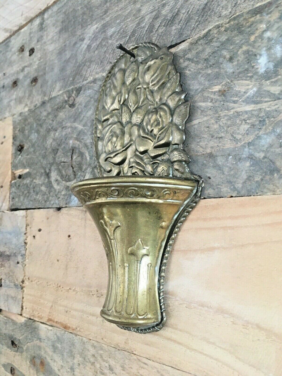 Fine Antique English Brass Repousse Work Wall Pocket Spill Vase Holder Rose 1052 photo for sale