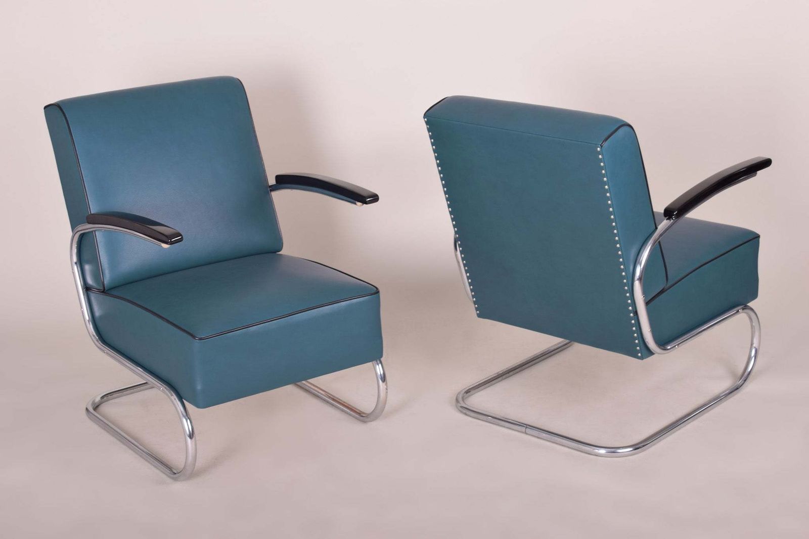 Pair Of Blue Leather Mucke Melder Armchairs Made In 1930s Czechia. photo for sale