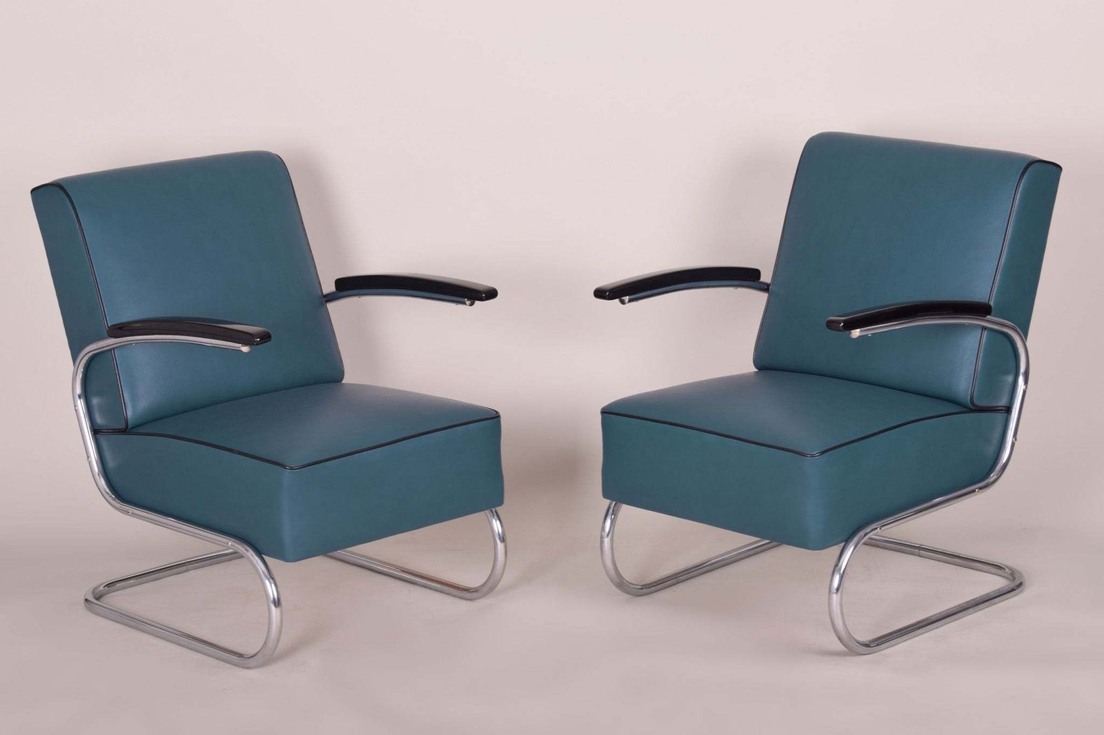 Pair Of Blue Leather Mucke Melder Armchairs Made In 1930s Czechia.