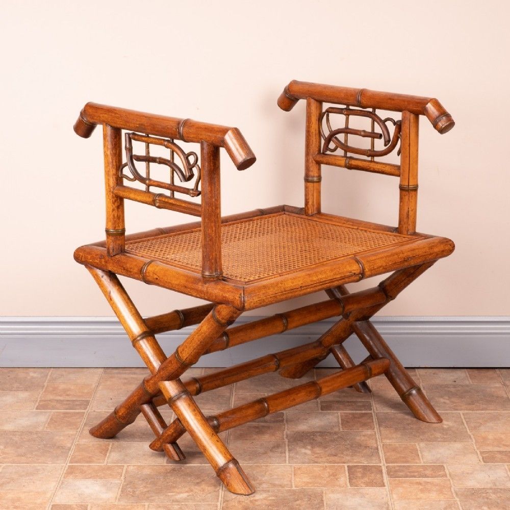 Bamboo Hall Bench With Cane Seat photo vintage