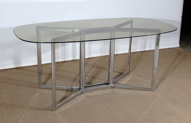 Modernist Table In Chromed Metal And Smoked Glass, 1970s photo furniture
