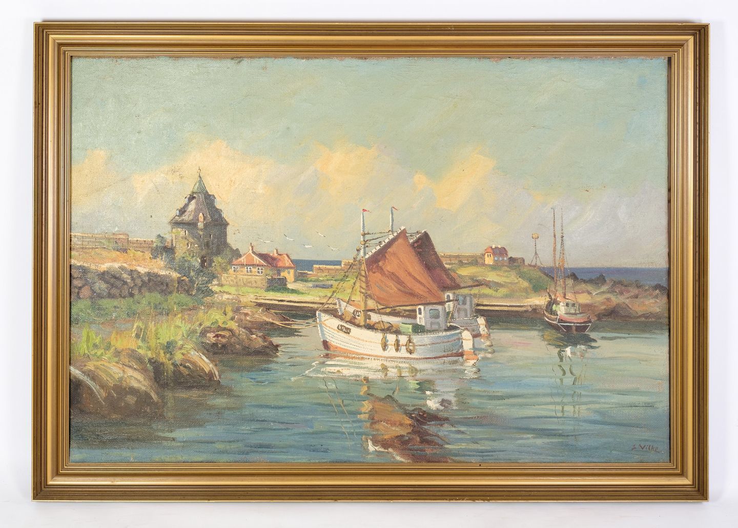 A Large Oil Painting On Canvas With Motif Of Fishing Boats Near Shore From 1930s.