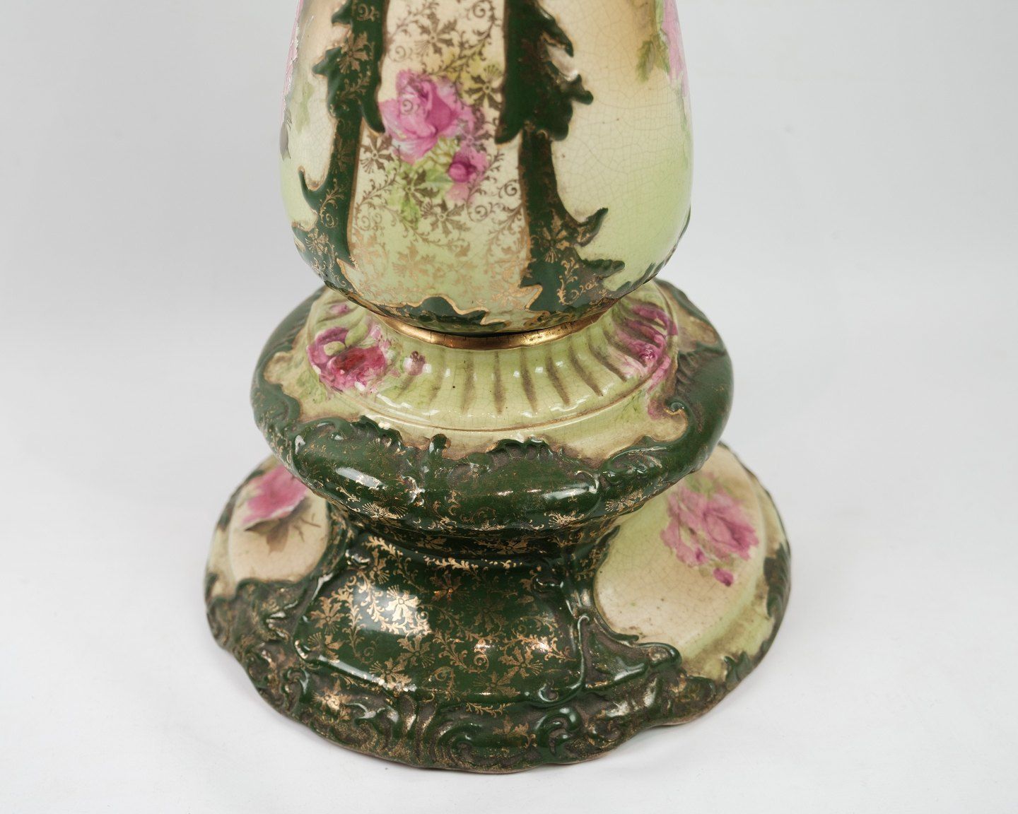 Faience / Flower Arrangement Decorated With Flowers In Shades Of Green With Beautiful Pink Flowers. photo for sale