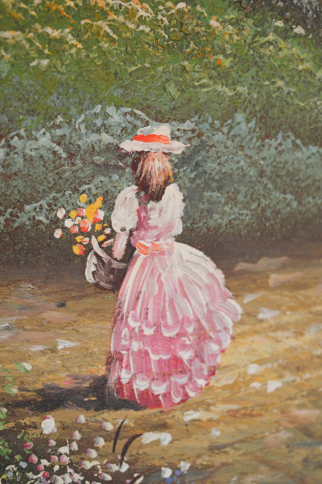 1960s Huge Oil Painting On Canvas, Ornate Gold Gilt Frame 110x80 Cm, Victorian Cottage Summer Garden, Ladies In Pink Dresses Picking Flowers photo 950.0
