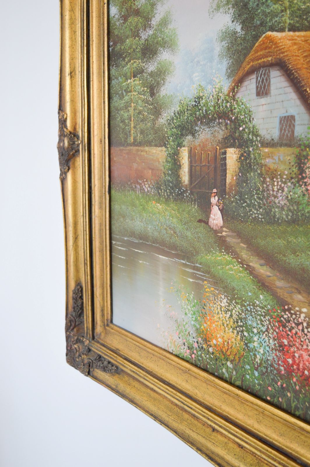 photo for sale 1960s Huge Oil Painting On Canvas, Ornate Gold Gilt Frame 110x80 Cm, Victorian Cottage Summer Garden, Ladies In Pink Dresses Picking Flowers