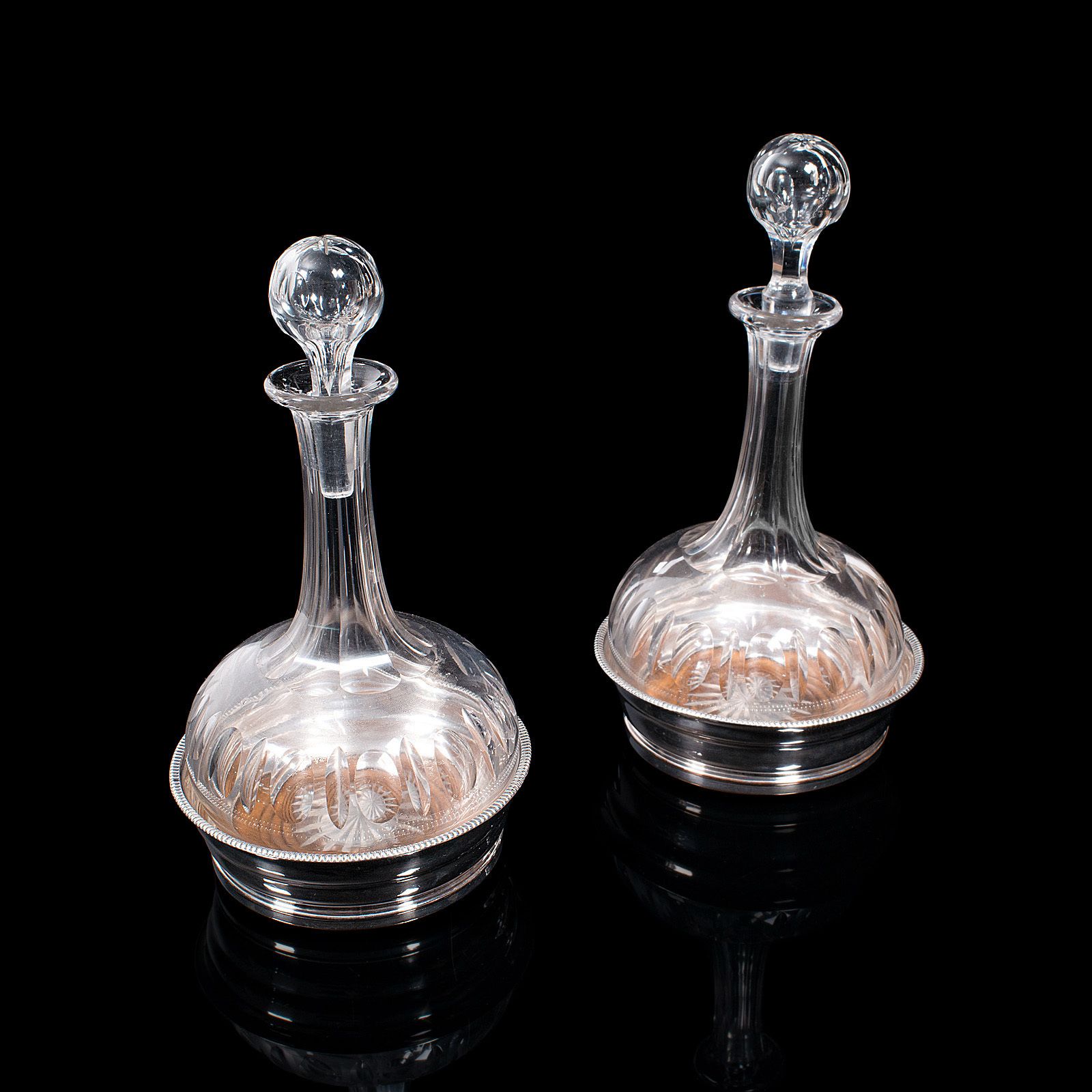 Pair Of Antique Decanters And Stands, English, Silver Plated, C.1910