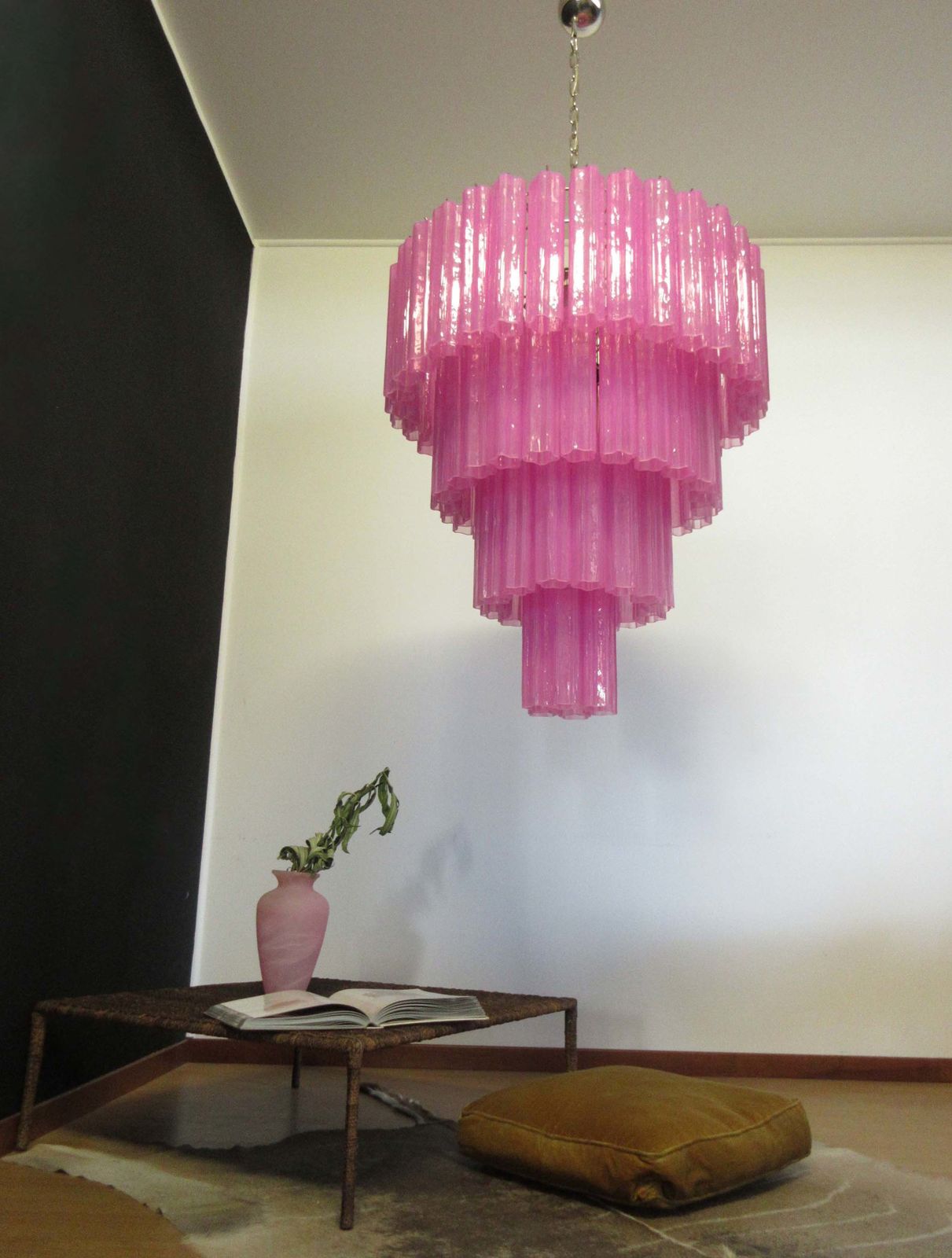 Huge Vintage Murano Glass Tiered Chandelier   78 Glasses   Pink Fuxia Silk photo vinterior