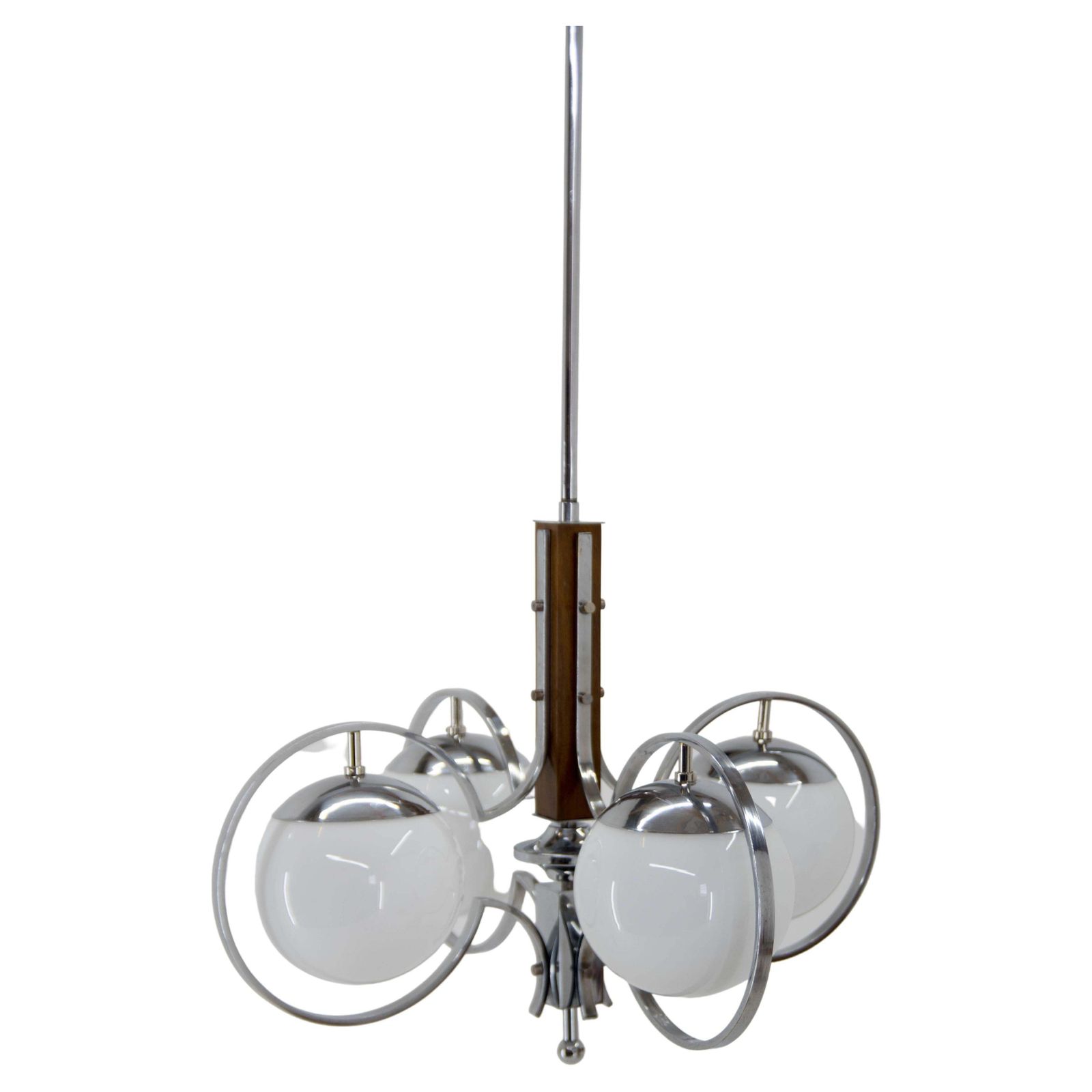 Art Deco Opaline Glass Wood And Chrome Chandelier