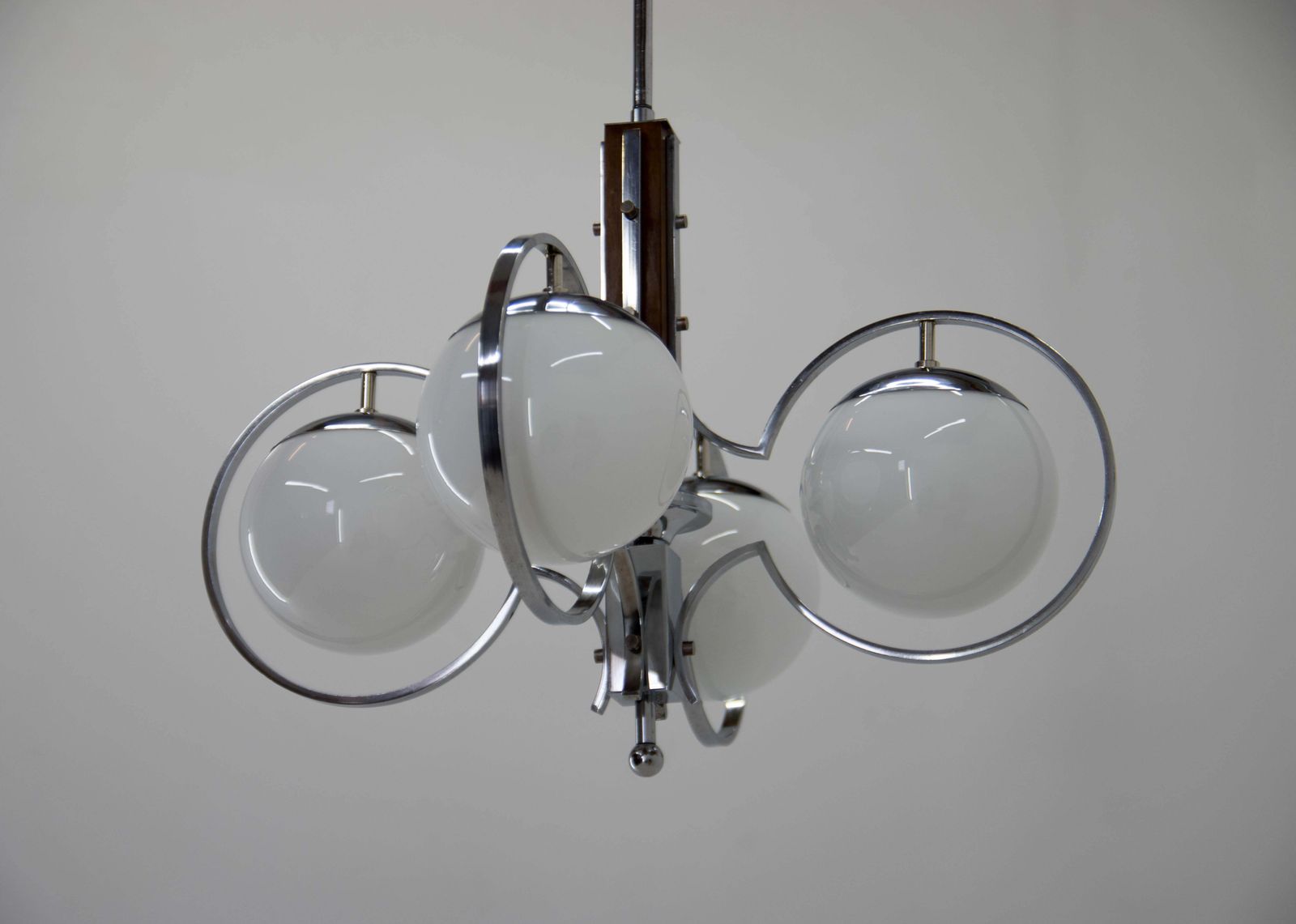 Art Deco Opaline Glass Wood And Chrome Chandelier photo for sale