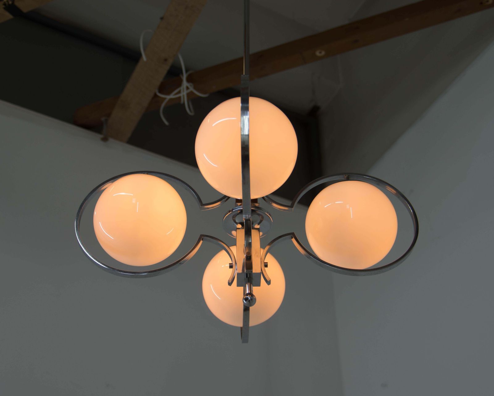photo furniture Art Deco Opaline Glass Wood And Chrome Chandelier