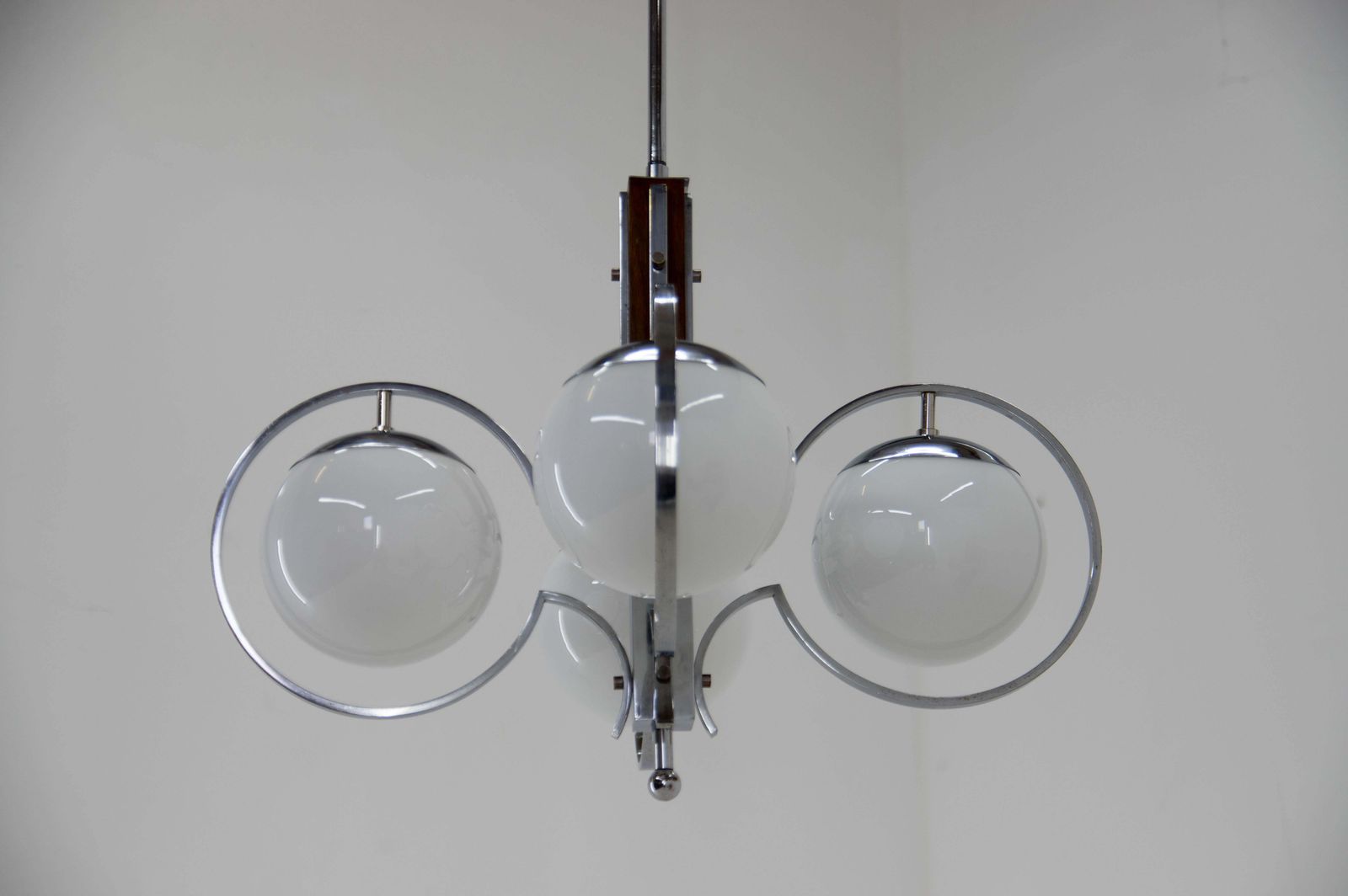 1780.0 Art Deco Opaline Glass Wood And Chrome Chandelier photo