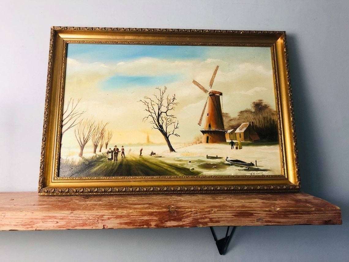 Winter Frozen Wintery Scene   Oil Painting In Gold Gilt Chunky Frame   River Snow Windmill (Hh)