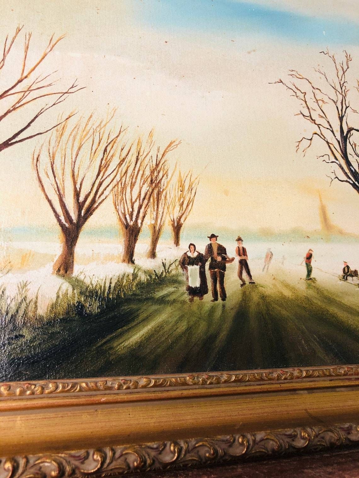 Winter Frozen Wintery Scene   Oil Painting In Gold Gilt Chunky Frame   River Snow Windmill (Hh) photo Art