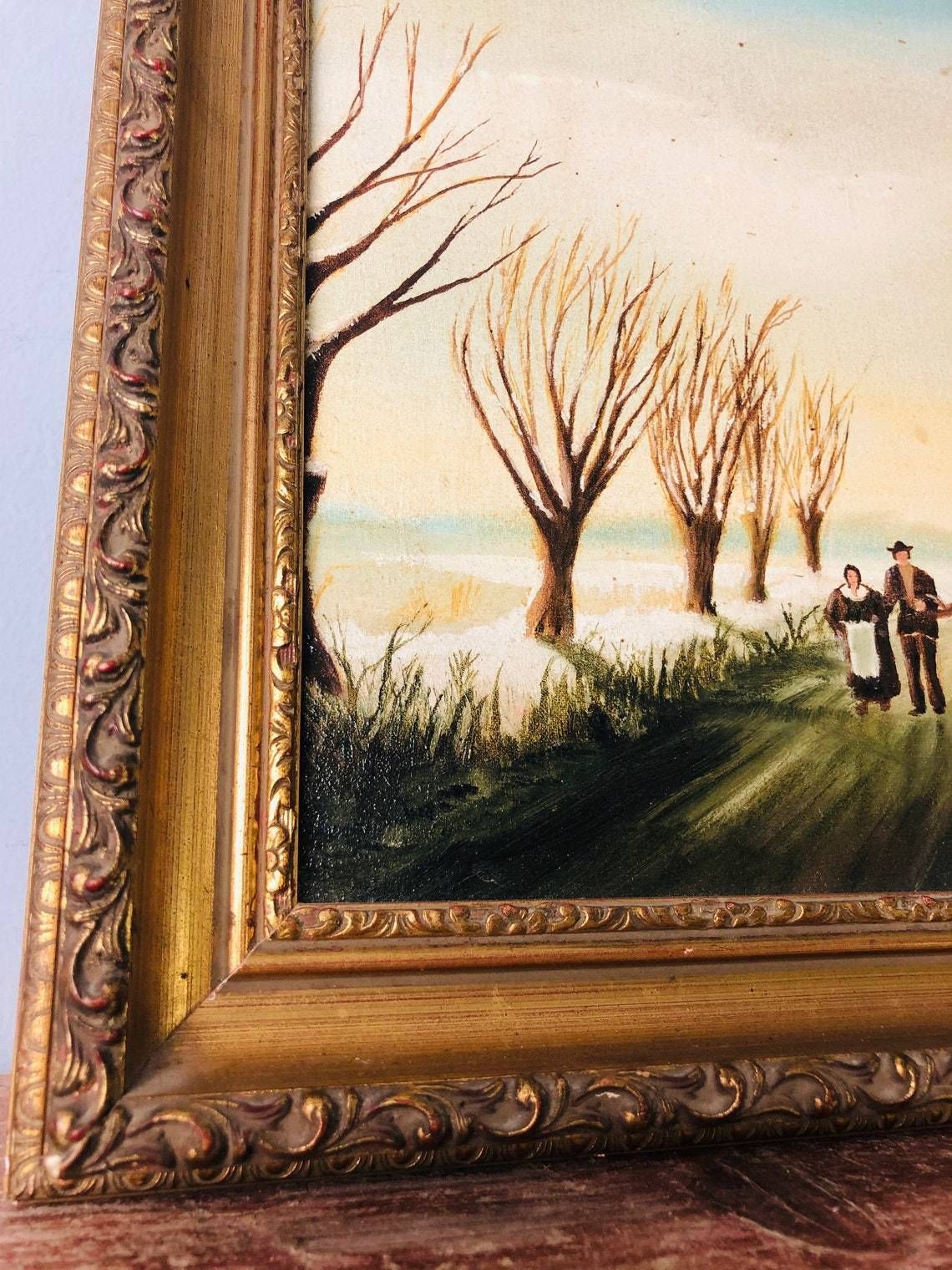 photo furniture Winter Frozen Wintery Scene   Oil Painting In Gold Gilt Chunky Frame   River Snow Windmill (Hh)