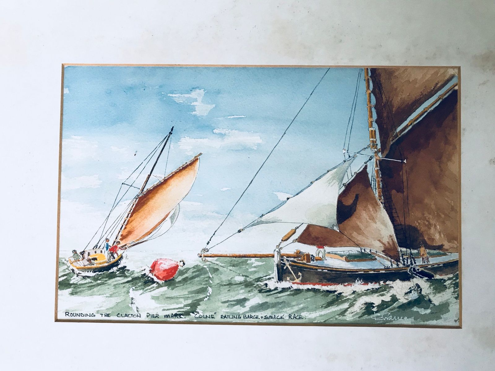 Vintage Mid Century Watercolour Essex   Rounding The Clacton Pier Mark Colne Sailing Barge & Smack Race   Nautical Boats Fishing photo buy